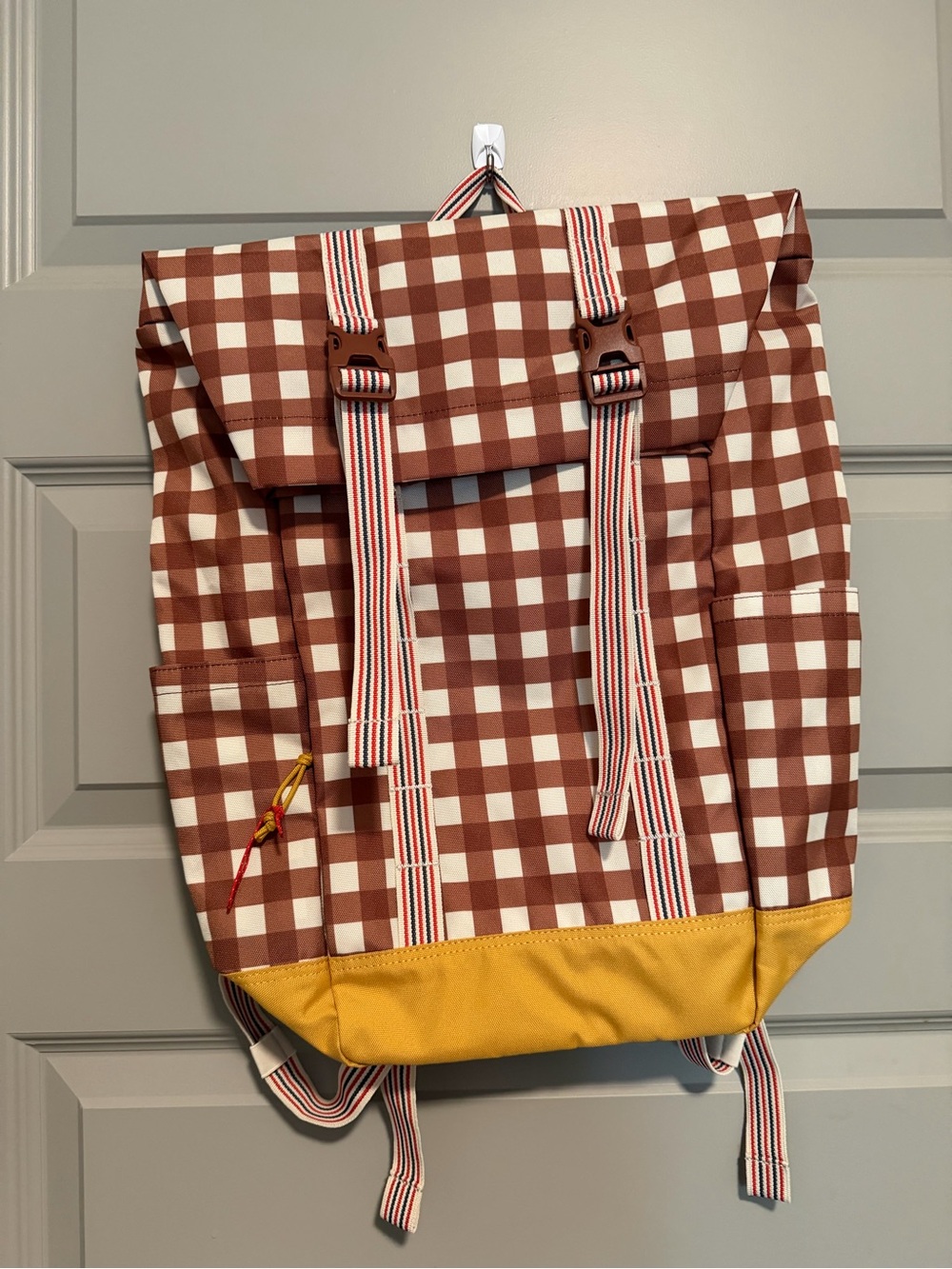 THE GREAT. Brown and White Checked Roll-Top Backpack with Yellow Base